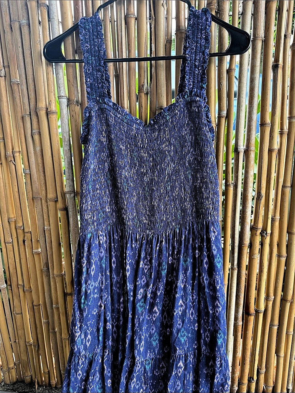 Geometric Smocked Maxi Dress in Blue & Purple